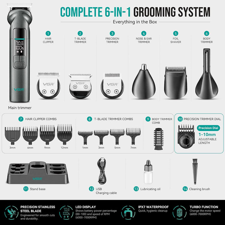 V-096 6-in-1 Grooming Kit For Men, Gray
